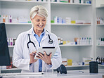 Woman, medicine and pharmacy with tablet for inventory, stock list or online prescription. Pharmacist, record of medical product and digital information on pills, pharmaceutical data or technology