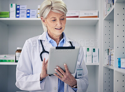 Buy stock photo Pharmacy, woman and tablet for medicine inventory, stock list or online prescription. Pharmacist, record of medical product and digital information on pills, pharmaceutical data or research on tech
