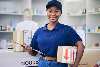 Buy stock photo Portrait, courier and black woman with a package, pharmacy and delivery with a cardboard box, smile and healthcare product. Face, female person and employee with a parcel, medical items and shipping