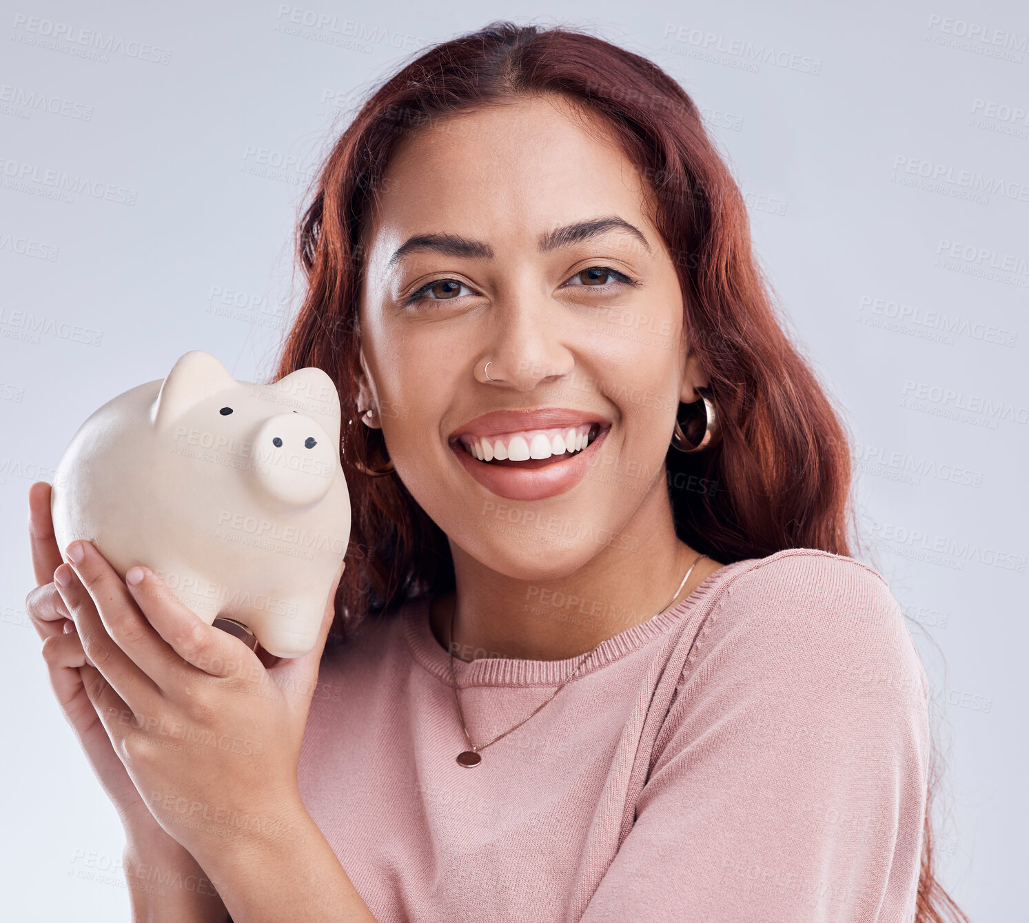 Buy stock photo Smile, portrait or happy woman with a piggy bank for financial wealth or savings on white background. Finance, investment or girl smiling or investing cash or budget in tin for safety or security