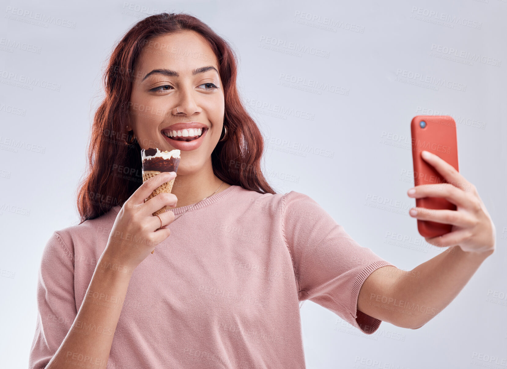 Buy stock photo Girl, ice cream and selfie with smile in studio for summer vacation, social media app and blog by white background. Woman, gelato or dessert with photography, profile picture and happy by backdrop