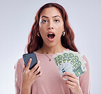 Investment, money or shocked woman with phone for online investment on digital fintech in studio. Financial mobile app, ecommerce payment or surprised girl typing banking data on internet with Euros 