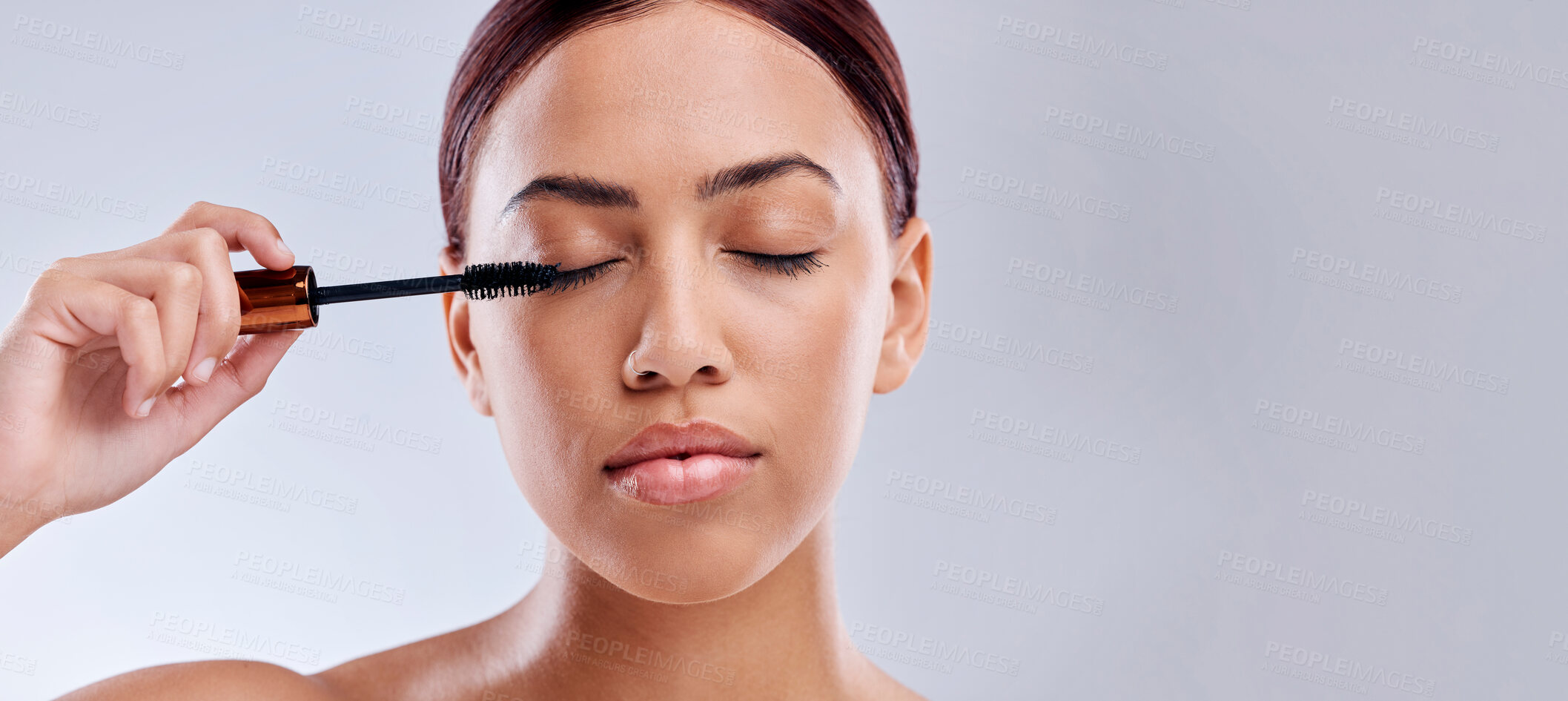 Buy stock photo Eyelash extension, mockup or girl with mascara makeup, cosmetics or product brush for grooming in studio. Beauty, mock up space or beautiful woman with eyelashes tool for make up on white background