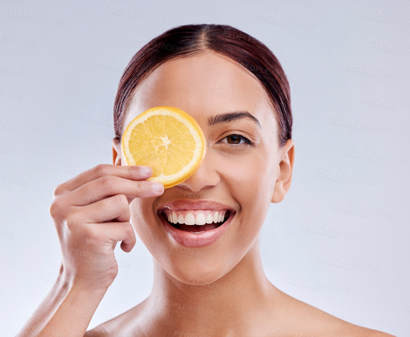 Buy stock photo Skincare, portrait or happy girl with orange or natural facial with citrus or vitamin c on studio background. Wellness, smile or healthy woman smiling with organic fruits for dermatology beauty 