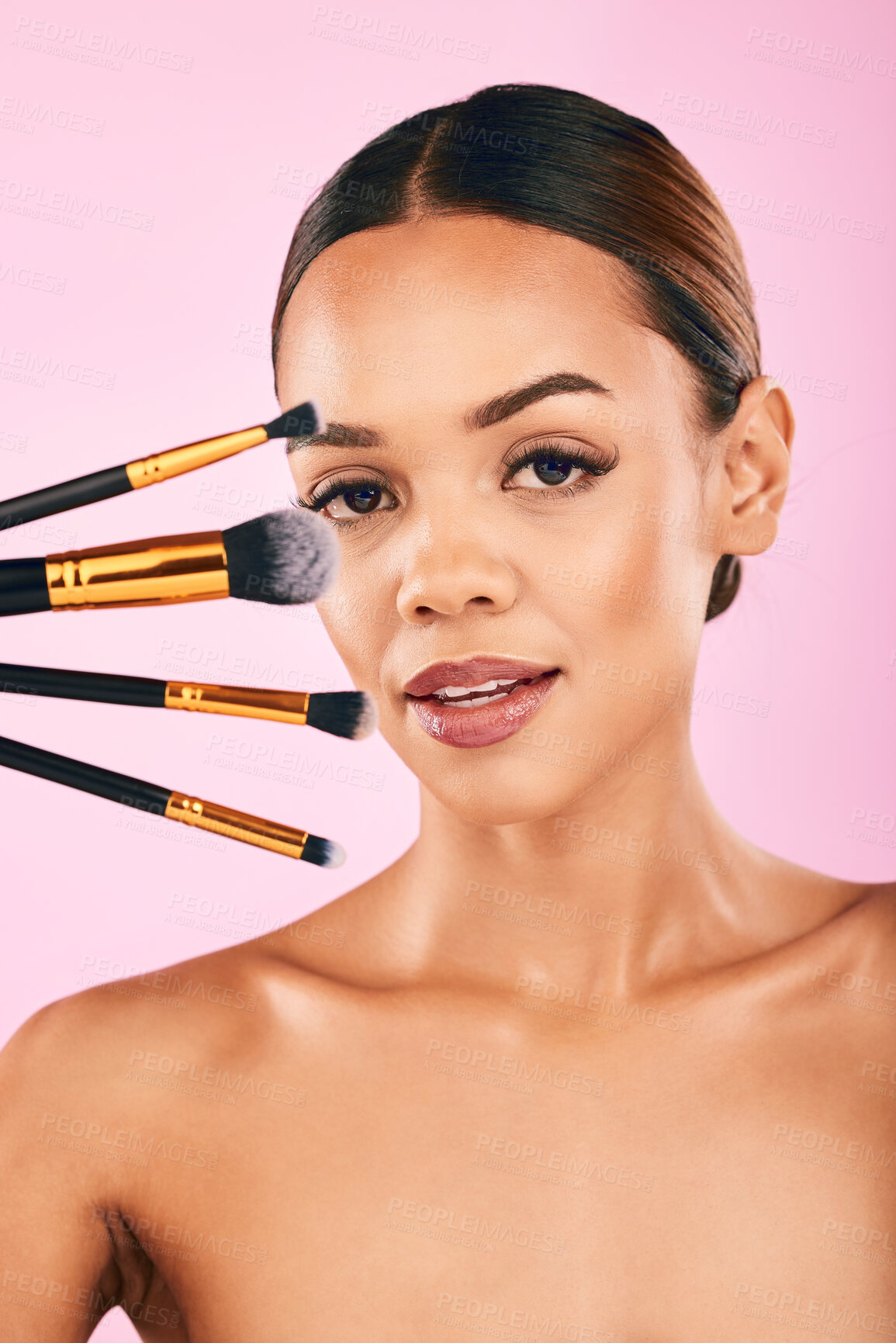 Buy stock photo Woman, portrait and makeup brushes for beauty cosmetics against a pink studio background. Isolated female person or model with cosmetic tools or equipment for grooming, products or facial treatment