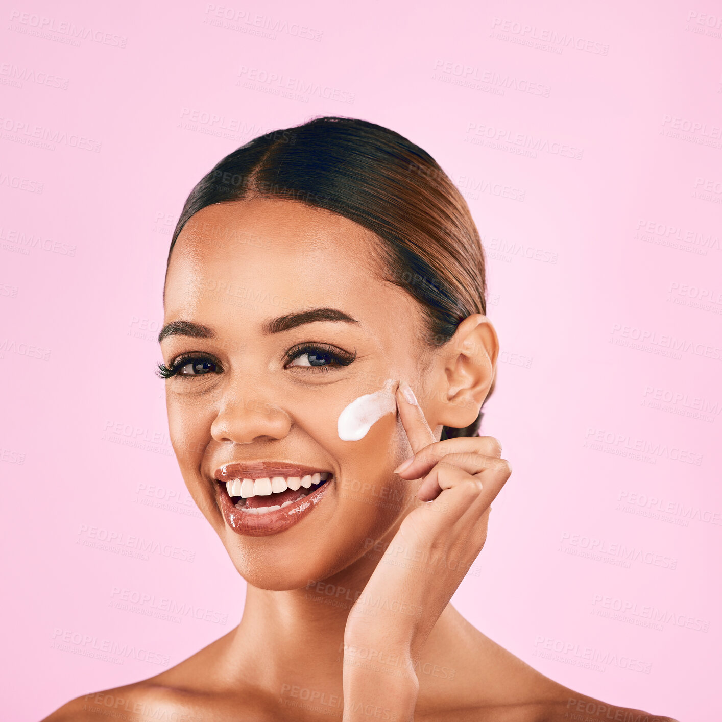 Buy stock photo Happy woman, portrait smile and skincare cream for beauty moisturizer against a pink studio background. Female person or model smiling in happiness for lotion, cosmetic products or facial treatment