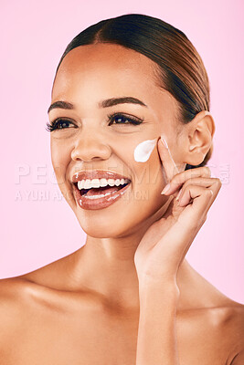 Buy stock photo Skincare, beauty cream and face of woman in studio with cosmetics product or dermatology on pink background. Model, skin care or luxury makeup moisturizer, sunscreen or salon facial treatment