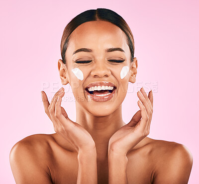 Buy stock photo Face, hands and skincare of woman in studio with cream, cosmetics product or dermatology on pink background. Model, skin care or luxury makeup moisturizer, sunscreen or salon facial treatment