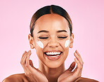 Hands, face and skincare of woman in studio with beauty cream, cosmetics product or dermatology on pink background. Model, skin care or luxury makeup moisturizer, sunscreen or salon facial treatment