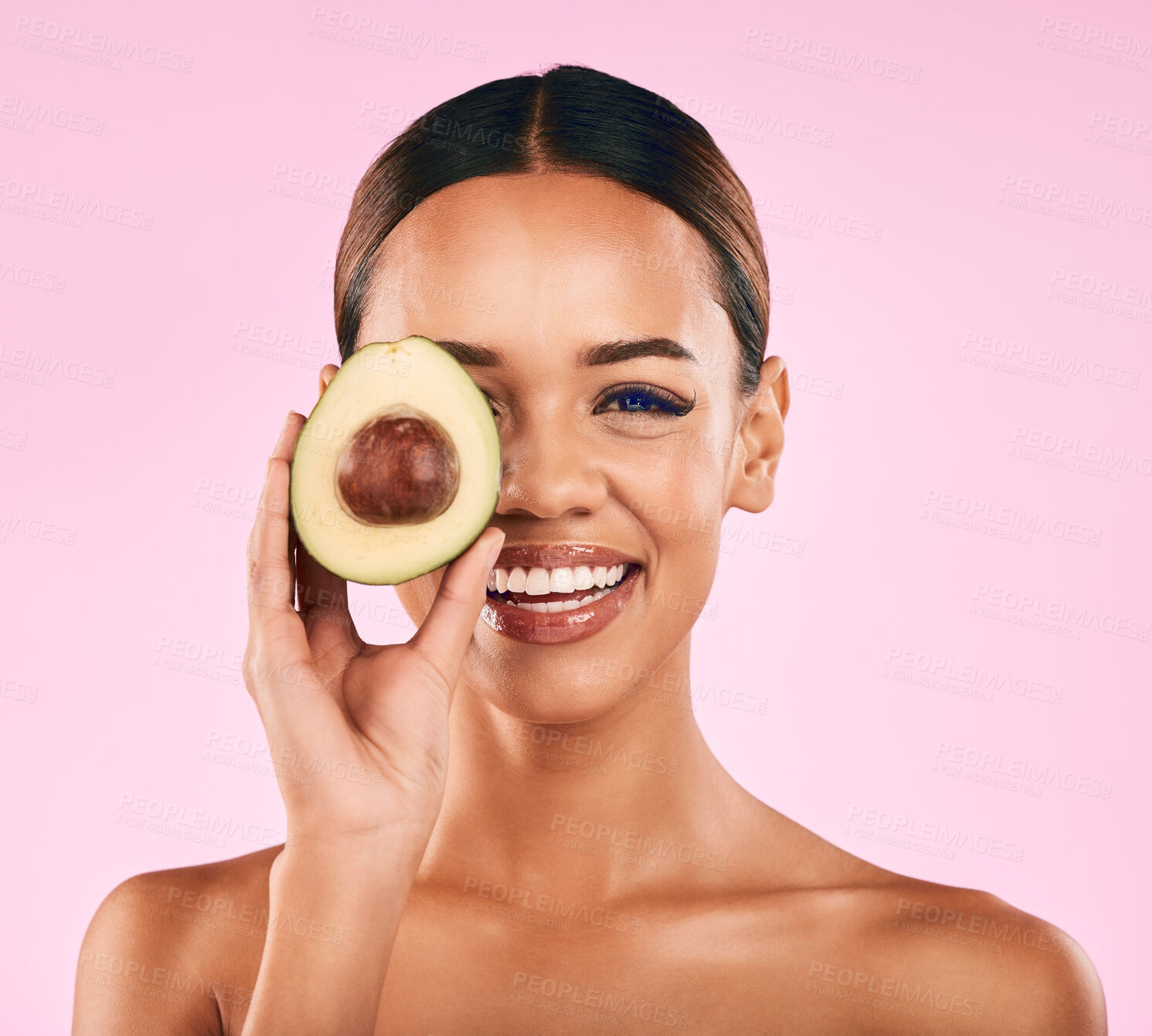 Buy stock photo Happy woman, portrait smile and avocado for natural beauty, skincare or cosmetics against a pink studio background. Female person smiling with vegetable for healthy nutrition, fiber diet or wellness