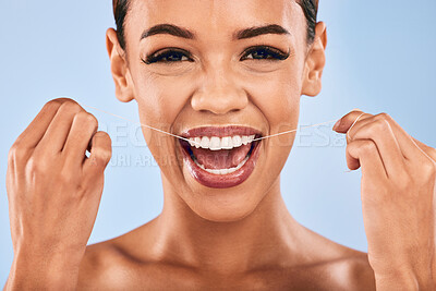 Buy stock photo Happy woman, portrait and dental care for teeth floss, healthcare or hygiene against a studio background. Female person or model with smile in tooth whitening, flossing or oral, gum or mouth cleaning