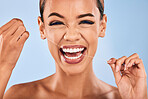 Happy woman, portrait and flossing teeth in dental, clean hygiene or healthcare against a studio background. Female person or model with smile in tooth whitening, floss or oral, gum or mouth cleaning