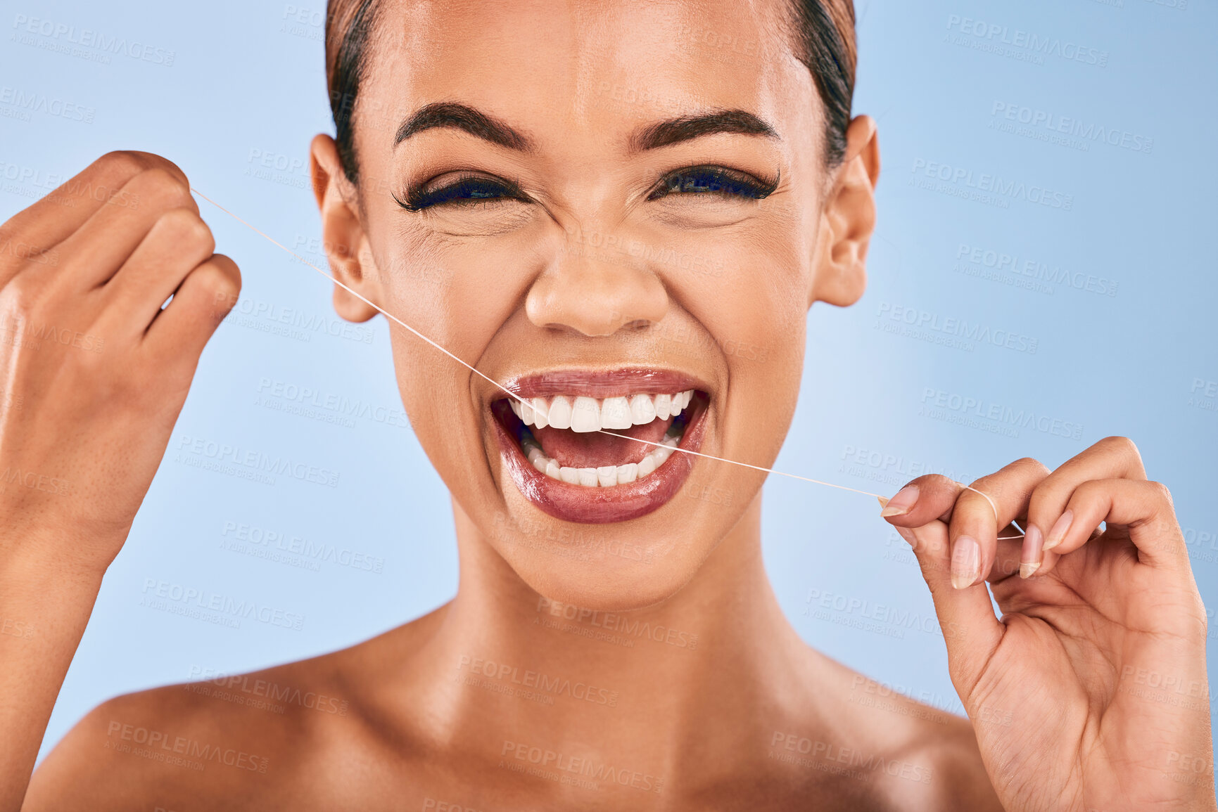 Buy stock photo Happy woman, portrait and flossing teeth in dental, clean hygiene or healthcare against a studio background. Female person or model with smile in tooth whitening, floss or oral, gum or mouth cleaning