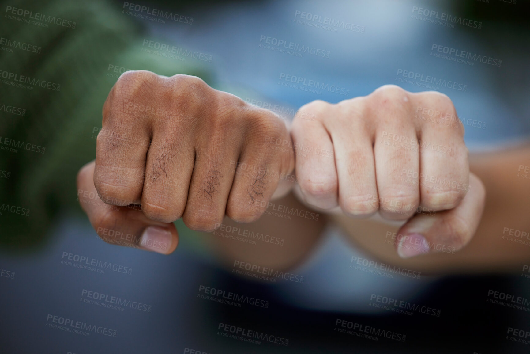 Buy stock photo Protest, fist and people in solidarity for justice, human rights and democracy on blurred background. Hands, diversity and men united for peace, change and power, transformation or community activism