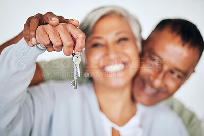 Buy stock photo Senior couple, portrait and keys in hand with smile for new home, real estate deal or property for happy retirement. Elderly woman, man and excited face for investment in house, apartment or mortgage