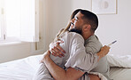 Couple, hug and happy for pregnancy test in bedroom, home and support to celebrate good news. Excited man, woman and partner hugging in celebration of pregnant results, future family or ivf fertility