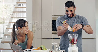 Buy stock photo Smoothie, couple and health recipe with fruit, healthy food and smile at home. Nutrition, breakfast and tablet of a woman and man together with juice blender and happiness from nutritionist cooking
