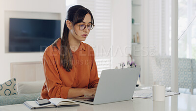Buy stock photo Woman, remote work and typing at laptop in home for digital planning, online research and information at table. Female freelancer working on computer technology, internet and pc connection for blog