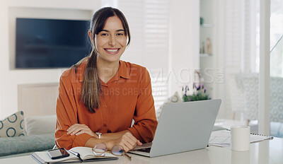 Buy stock photo Happy woman, remote work and portrait at laptop in home for digital planning, online research and elearning at table. Female freelancer working on computer, technology and web connection for blogging