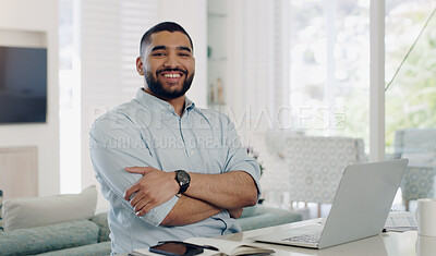 Buy stock photo Happy man, remote work and portrait at laptop in home for digital planning, online research and budget at table. Male freelancer working on computer, technology and website connection for telework 