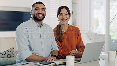 Buy stock photo Couple, portrait and budget planning at home with a smile and finance savings paperwork. Happiness, marriage and people with internet, web and computer for digital banking for tax and investment