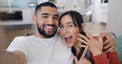 Buy stock photo Couple, selfie and engagement ring in home portrait with happiness, romance and love on social media app. Man, woman and profile picture for marriage proposal, offer or celebration with smile on blog