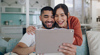 Buy stock photo Tablet, couple and smile on couch in home for social media, website and online entertainment. Happy man, excited woman and relax on digital technology, subscription or streaming connection on network