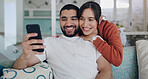 Phone, happy and couple with smile on sofa for social media post, online website and internet. Communication, relationship and man and woman relax on smartphone for quality time, bonding and network