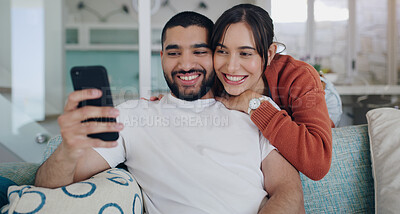 Buy stock photo Phone, happy and couple with smile on sofa for social media post, online website and internet. Communication, relationship and man and woman relax on smartphone for quality time, bonding and network