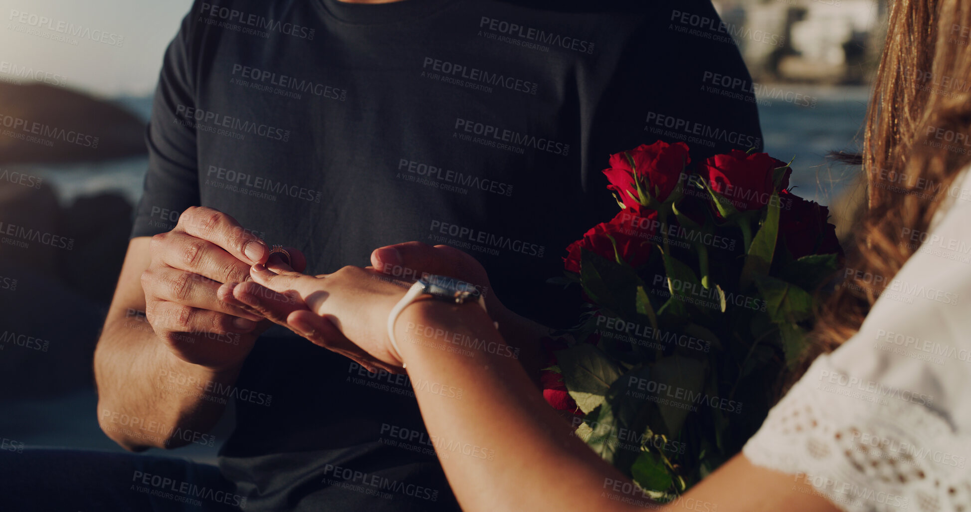 Buy stock photo Love, proposal and engagement with hands of couple in outdoor for marriage, commitment or trust. Wedding ring, roses and jewelry with closeup of man and woman for announcement, celebration and fiance