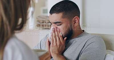 Buy stock photo Blowing nose, virus and worry with couple in bedroom for sickness, healthcare and illness. Problem, fatigue and care with man and woman in bed at home for sneeze, fever and wellbeing treatment