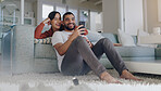 Phone, happy and couple on sofa in home for social media, online website and internet news. Communication, relationship and man and woman relax on smartphone for quality time, bonding and network