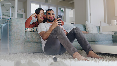 Buy stock photo Phone, happy and couple on sofa in home for social media, online website and internet news. Communication, relationship and man and woman relax on smartphone for quality time, bonding and network