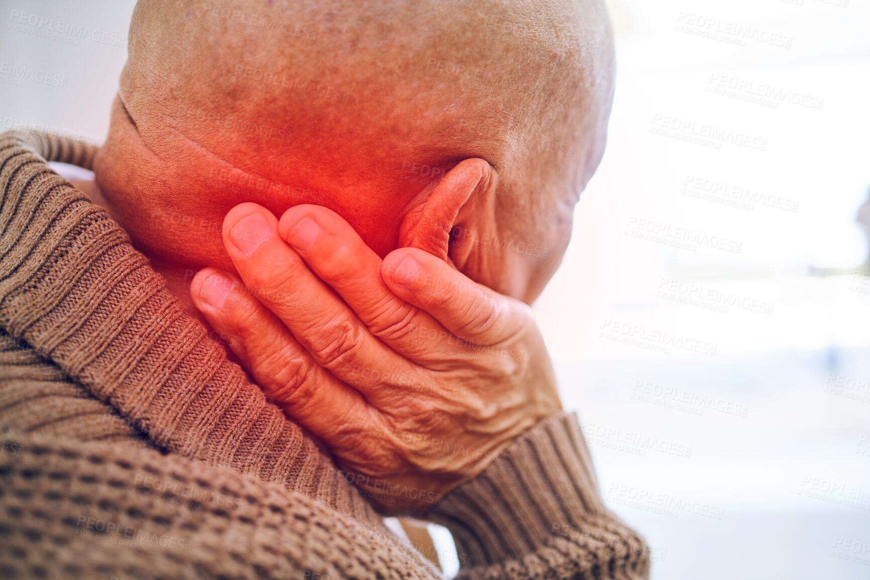 Buy stock photo Old man, neck pain and health with injury and red overlay, muscle tension with medical problem and mockup space. Joint ache, arthritis and glow with elderly male person, retirement and fibromyalgia