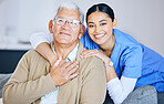 Old man, woman caregiver and portrait with retirement, health and wellness in nursing home. Happy people, female nurse and elderly male patient with hug, smile and healthcare with help and support