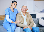 Senior man, woman caregiver and portrait with retirement, health and wellness in nursing home. Happy people, female nurse and elderly male patient with hug, smile and healthcare with help and support