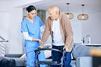 Old man with walker, woman caregiver and retirement, health and wellness with help and support in nursing home. Happy people, female nurse helping male person with physical therapy and rehabilitation