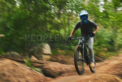 Buy stock photo Mountain bike, man and motion blur in forest for adventure, speed and power. Athlete, sports and bicycle for outdoor action, off road competition and cardio fitness for adrenaline, freedom and trail