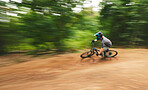 Bike, motion blur and cycling fast in nature for adventure, speed and power in trail, path and forest. Bicycle athlete, extreme sports and freedom of action, off road challenge and cardio competition