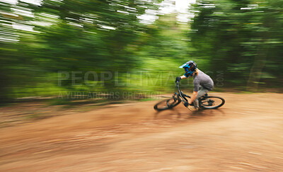 Buy stock photo Bike, motion blur and cycling fast in nature for adventure, speed and power in trail, path and forest. Bicycle athlete, extreme sports and freedom of action, off road challenge and cardio competition