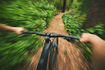 POV, mountain bike and sports person in forest, park and path for adventure, speed and motion blur. Closeup perspective of bicycle handle, fast athlete and cycling action in nature for off road race