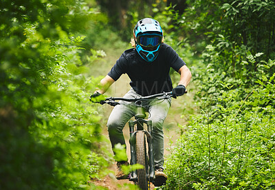 Buy stock photo Mountain bike, man and cycling in forest for competition, freedom and off road adventure on path. Athlete, extreme sports and bicycle for action, cardio race and adrenaline in nature, park and trail