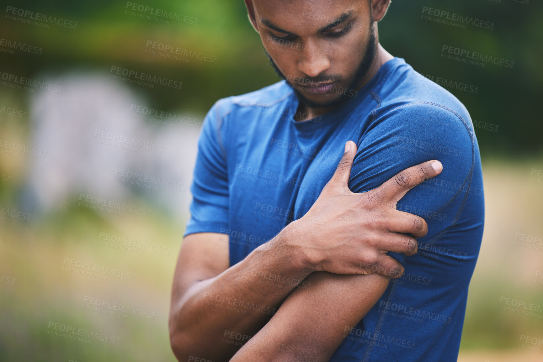 Buy stock photo Sports, fitness and man with pain in shoulder after workout, exercise and marathon training outdoors. Medical emergency, health and male person with muscle strain, arm injury and joint ache in park