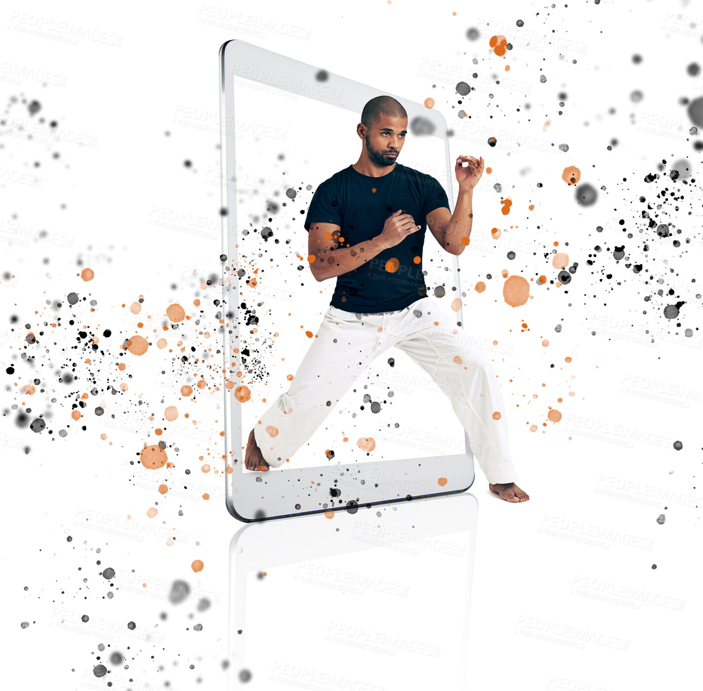 Buy stock photo Color splash, digital tablet and frame by karate man in studio for fitness, training and creative sport on white background. Pop, art and screen box by taekwondo male with online app for martial arts