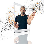 Karate, phone app and portrait of a man with moves isolated on a white background in a studio. Serious, fitness support and a trainer gesturing for a fight on a mobile for training and a workout