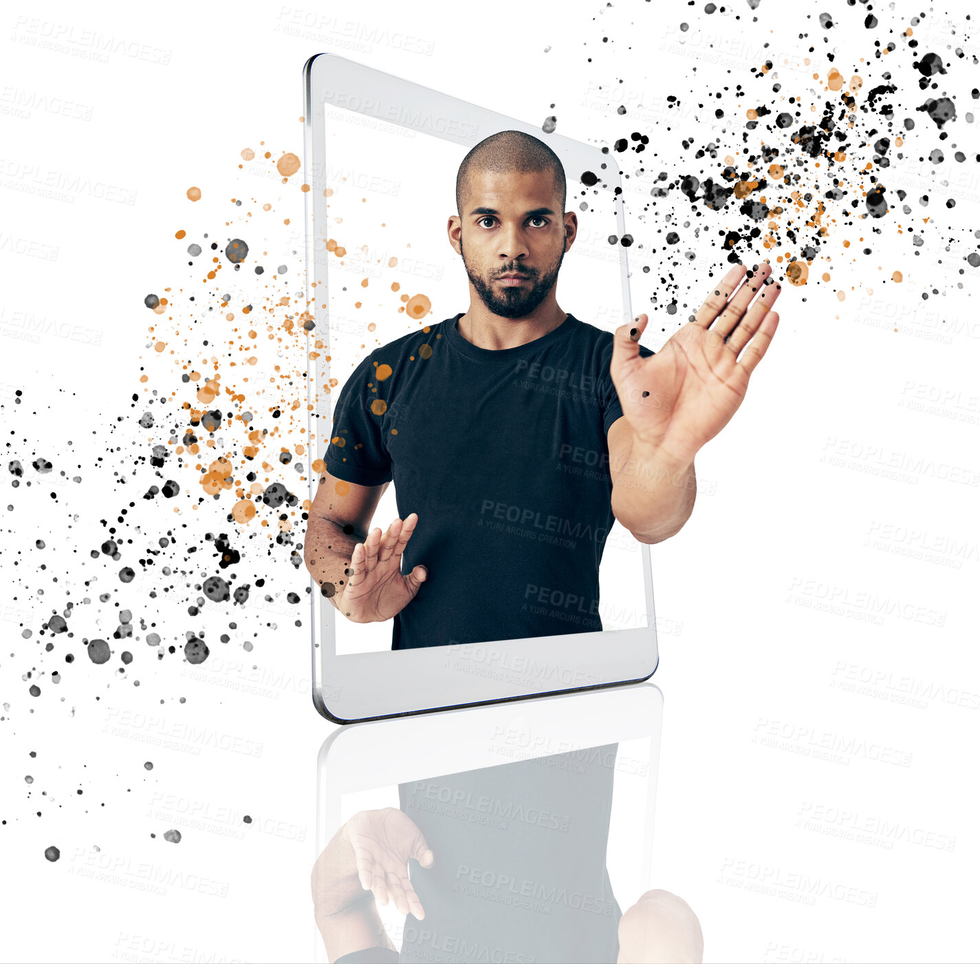 Buy stock photo Karate, phone app and portrait of a man with moves isolated on a white background in a studio. Serious, fitness support and a trainer gesturing for a fight on a mobile for training and a workout