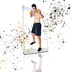 Portrait, fight and man with mobile app, training and guy isolated against a white studio background. Face, male fighter and athlete with smartphone, technology and practice for match and motivation