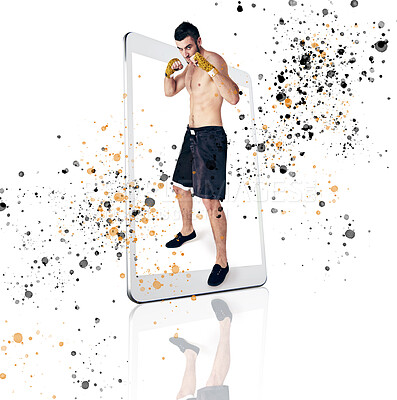 Buy stock photo Portrait, fight and man with mobile app, training and guy isolated against a white studio background. Face, male fighter and athlete with smartphone, technology and practice for match and motivation