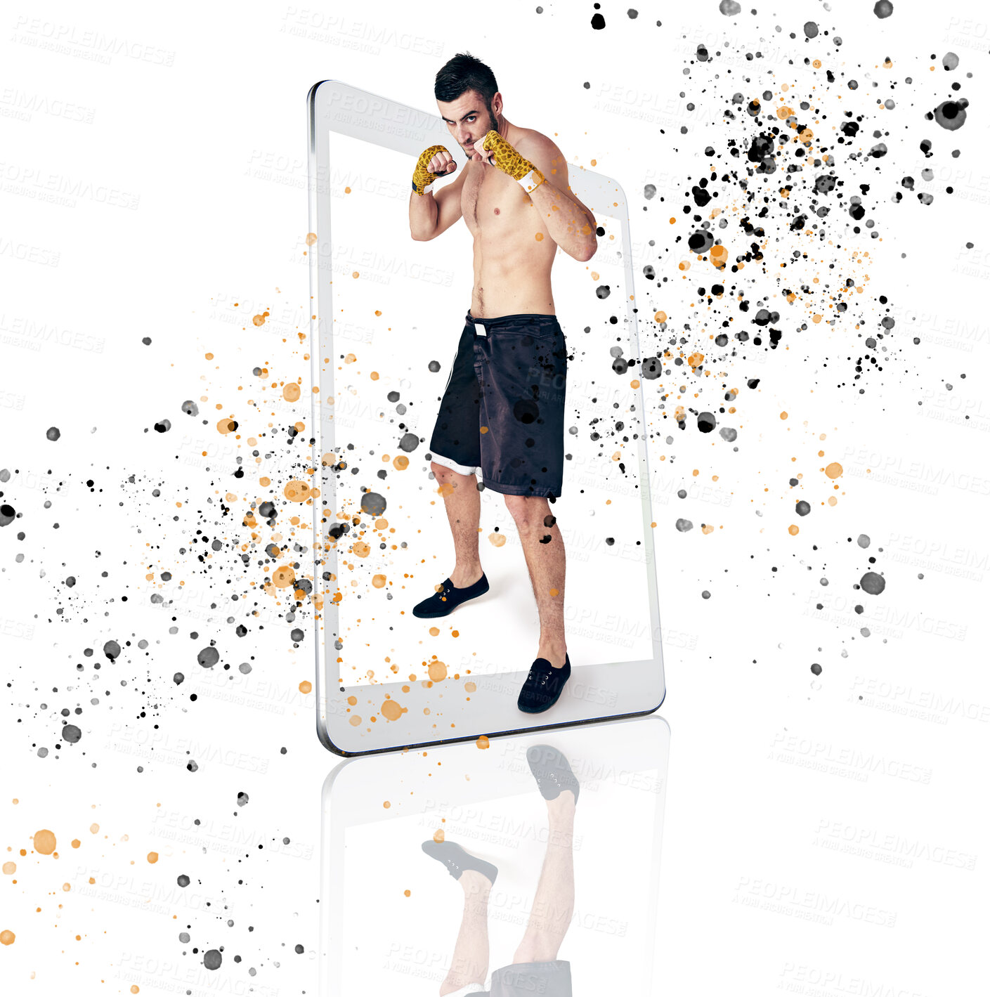 Buy stock photo Portrait, fight and man with mobile app, training and guy isolated against a white studio background. Face, male fighter and athlete with smartphone, technology and practice for match and motivation