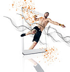 Fight, fitness and man on a phone app for boxing isolated on a white background in a studio. Sports, website and a male boxer training for a competition with color splash on a mobile for cardio